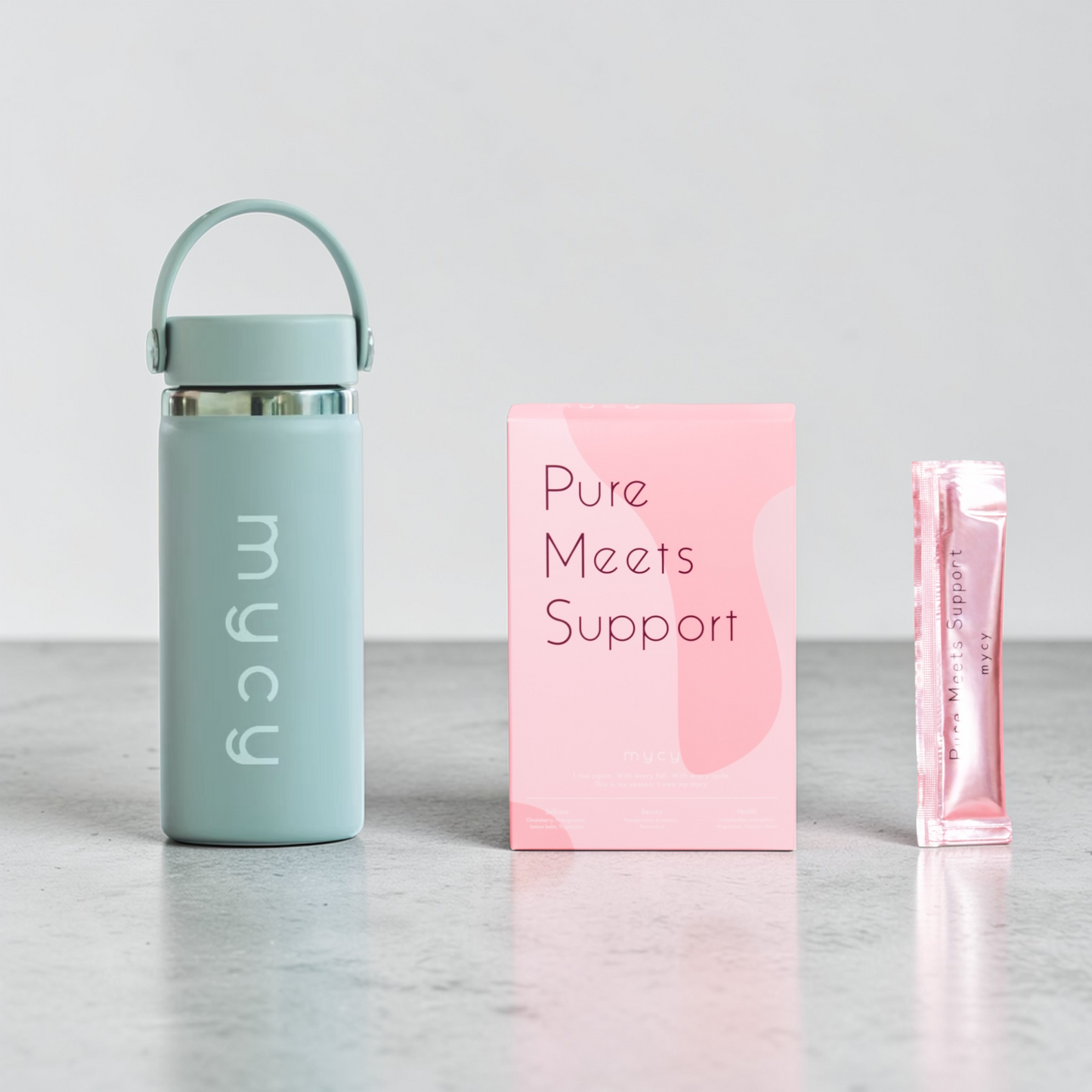 HydroflaskコラボSET【Birch｜グレー】：Pure Meets Support ｜フェムケアサプリ(1箱30包)